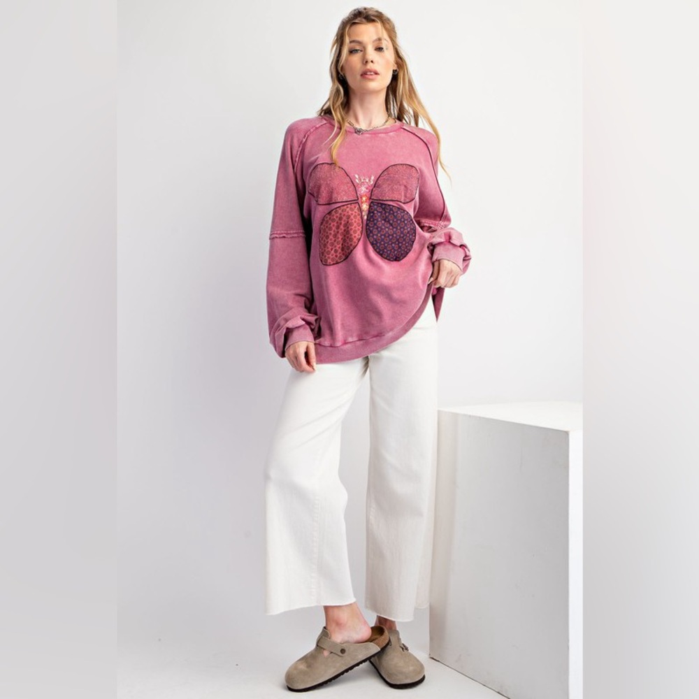 77. LAST 1! Easel Pink Sweatshirt Embroidered Applique Flower Patch Butterfly - Picture 4 of 5